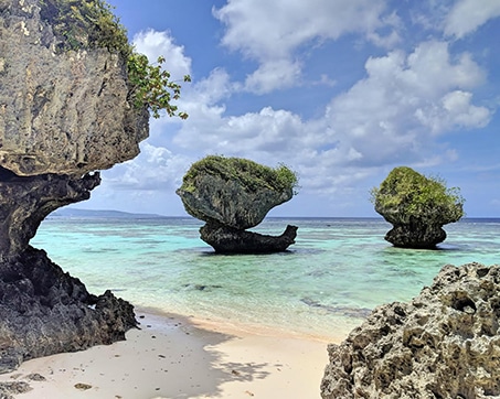 Unique rock formations covered with greenery in clear turquoise waters along a sandy beach under a partly cloudy sky.