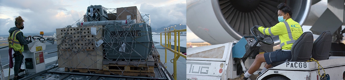 Pacific Air Cargo workers operating machinery to load cargo onto an airplane at dawn.