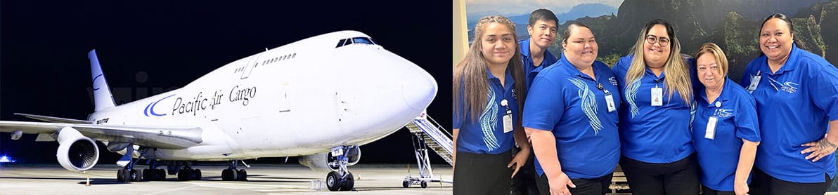 Pacific Air Cargo airplane parked on the runway at night alongside a team of six Pacific Air Cargo staff members in blue uniforms.